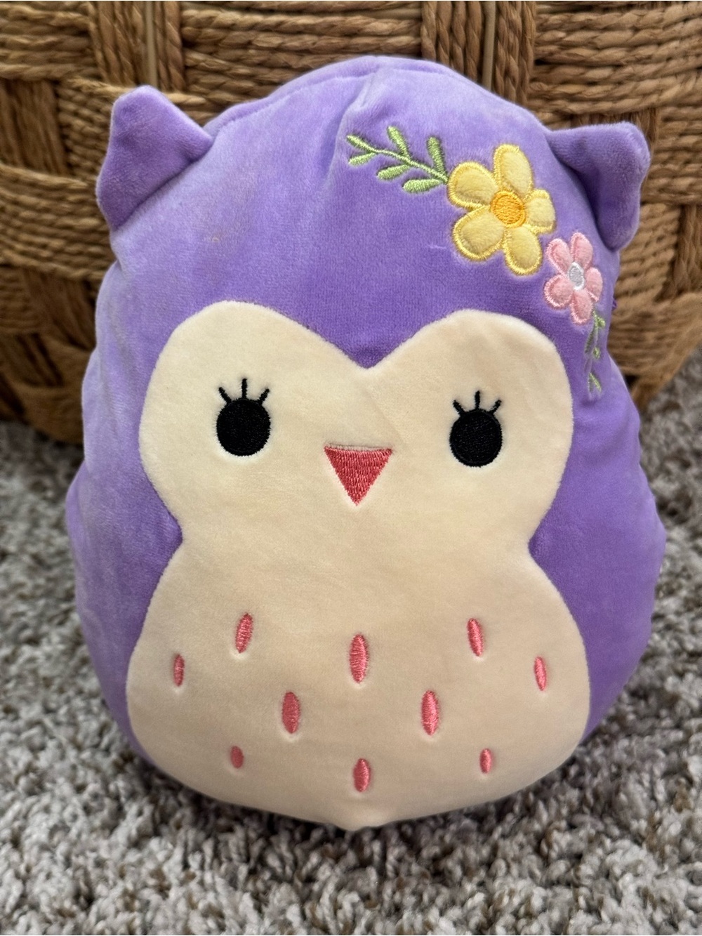 Squishmallows Purple and Cream Owl Plush with Floral Embroidery
